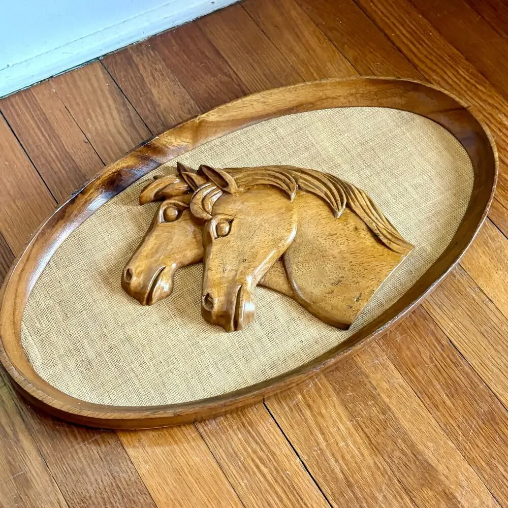 Vintage Carved Wood Horses over Burlp Wall Art in Oval Wooden Rustic Frame